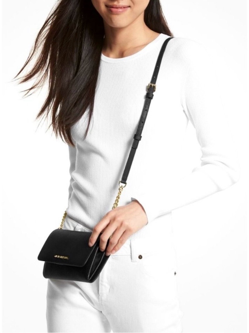 Michael Kors Jet Set Black Phone Crossbody Bag With Gold Chain Accent